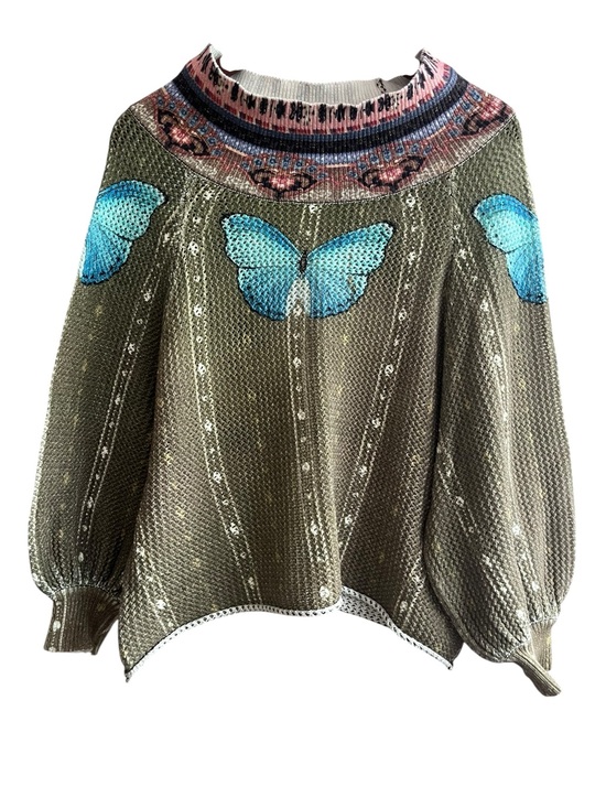 FARM Rio Tops - FARM Rio Butterflower Knit Sweater Size P - Small Blue Butterfly Crewneck